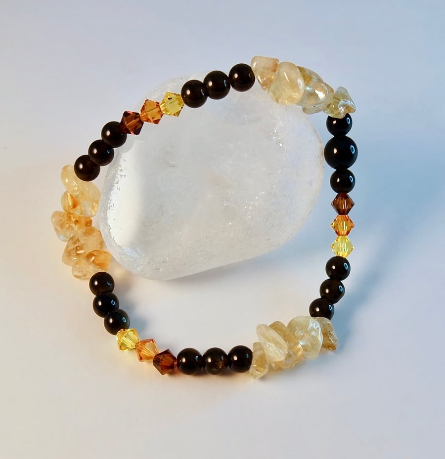 Citrine & Obsidian Bracelet With Swarovski 'Topaz' Crystals - Handmade In Devon