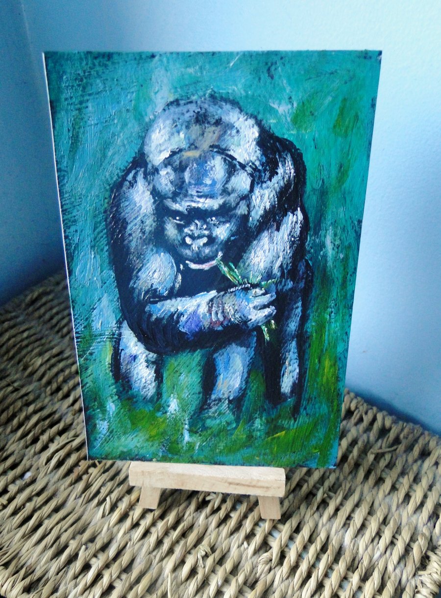 OSWOA Gorilla Munch Art  Original Watercolour & Ink Painting 4x6 OOAK  Sale