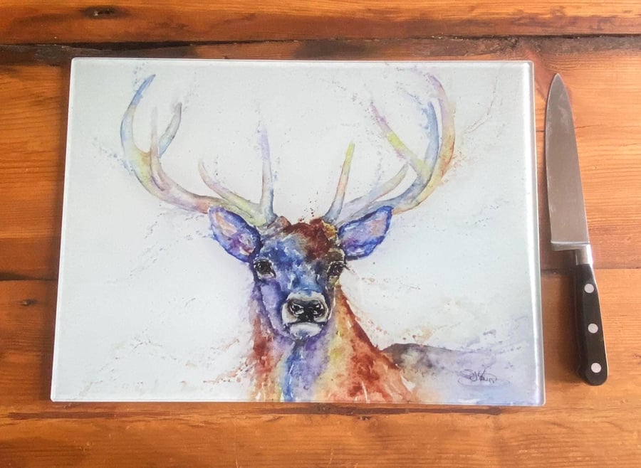 Stag Glass Chopping Board, Kitchen Worktop Saver. From a Watercolour By Wildlife