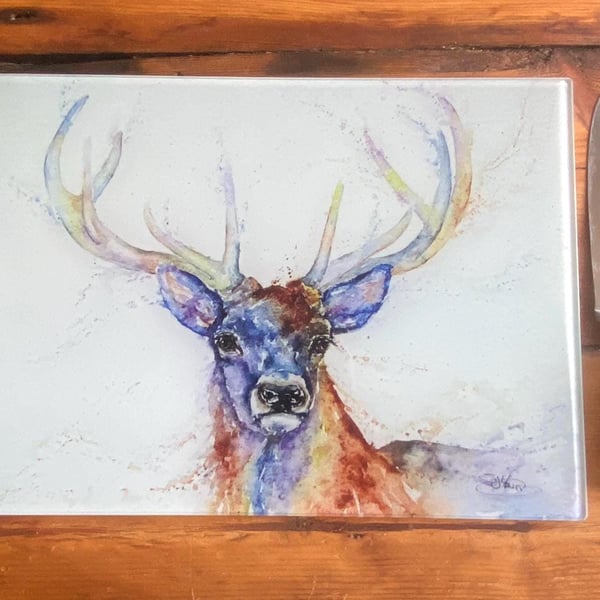 Stag Glass Chopping Board, Kitchen Worktop Saver. From a Watercolour By Wildlife