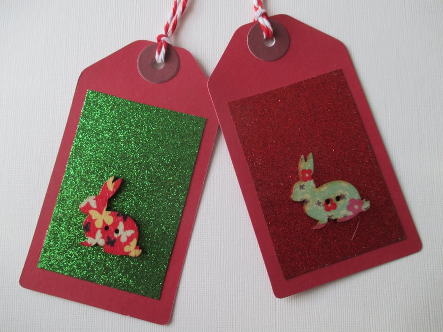 Gift Tag Christmas Bunny Rabbit Button Gift Tag Glitter Red Gold Green