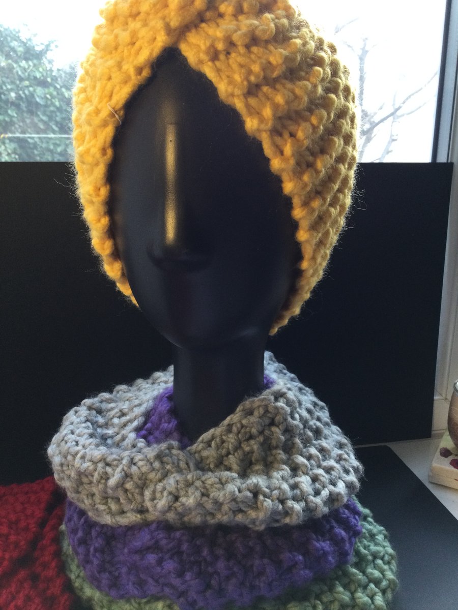 Yellow Hand knitted head, ear or neck warmer.