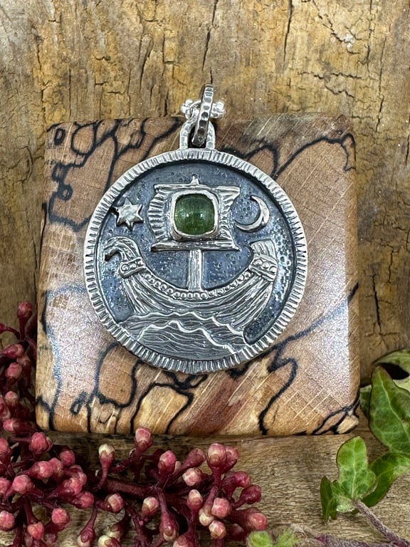 Viking Ship Coin Pendant with Tourmaline