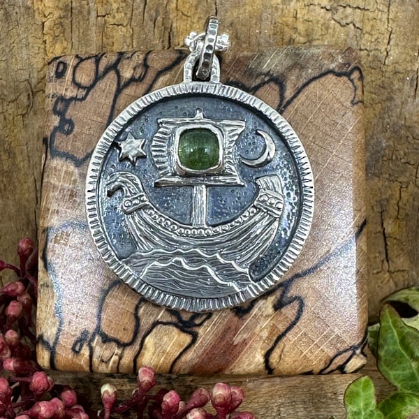Viking Ship Coin Pendant with Tourmaline