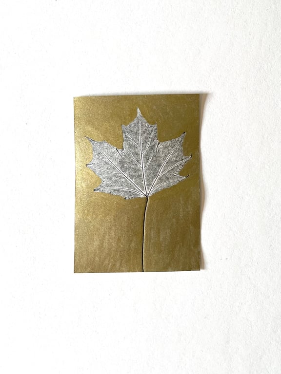 ACEO Leaf Monoprint With Gold Background 