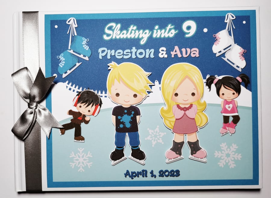 Ice skating birthday guest book, ice skater birthday party book