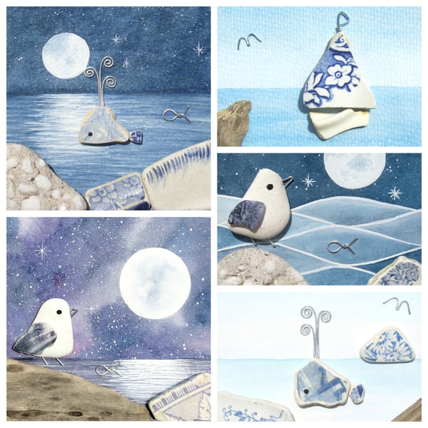 Seaside Greetings Cards (5 Pack) - Pebble Art. Whale, Seagull, Watercolour, Boat