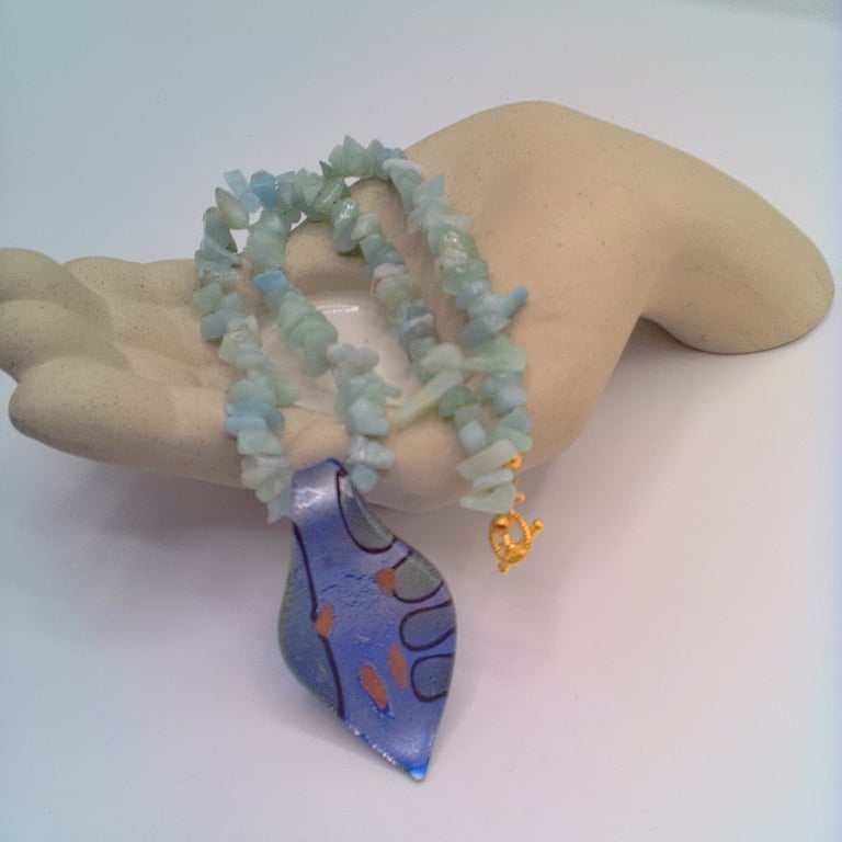 Green Jade Chip Necklace with a Blue Green & Gold Glass Pendant, Gift for Her