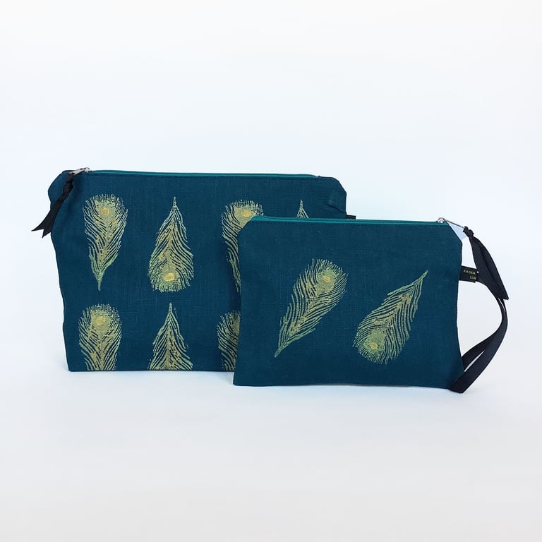 Linen Makeup Bag Peacock Feathers Print; Hand printed Clutch Bag