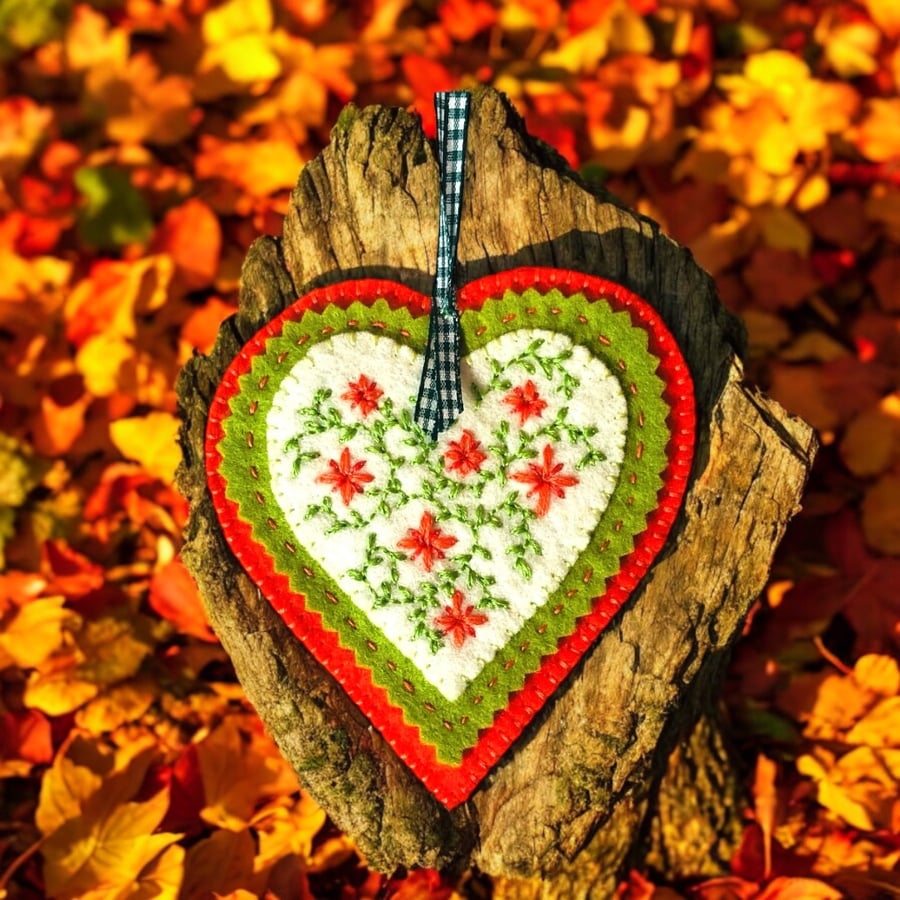 Autumn Orange Floral Pure Wool Felt Hanging Heart