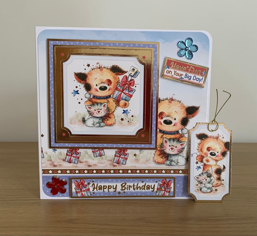 Cute Handmade Puppy & Kitten Children's Birthday Card and Gift Tag
