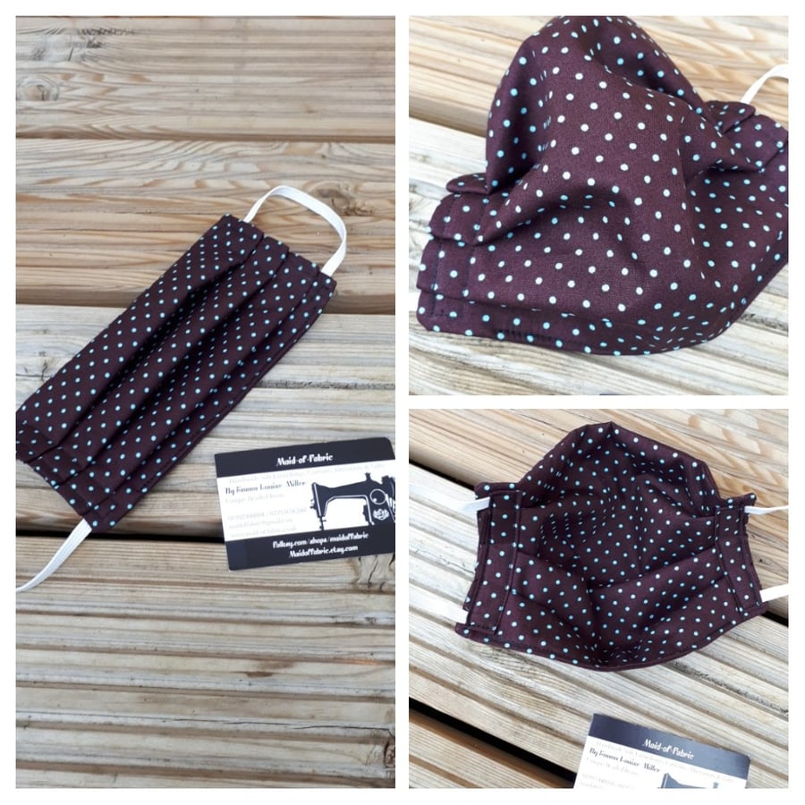 Face mask,  small, 3 layer,  machine washable, chocolate and turquoise polkadot