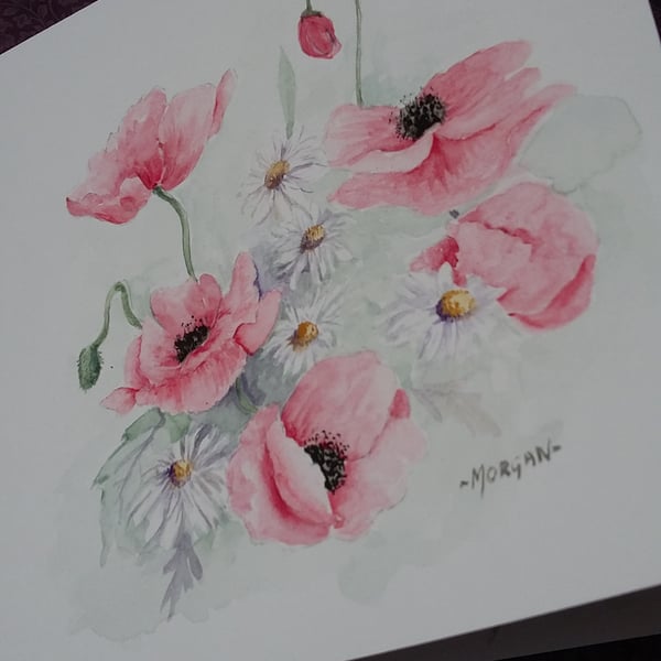 HAND PAINTED WATER COLOUR POPPY CARD