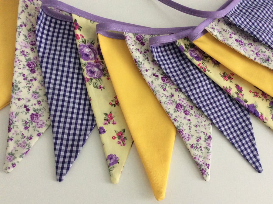 Purple floral Bunting - 12 flags in mixture of lavender purple and yellow