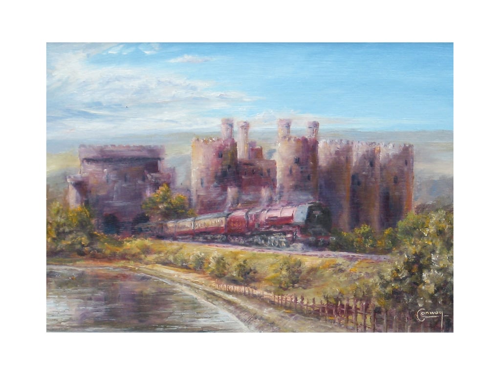Steam Railway Greeting Card-Fine Art Train Card-LMS Steam Loco-Conway Castle