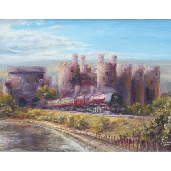 Steam Railway Greeting Card-Fine Art Train Card-LMS Steam Loco-Conway Castle