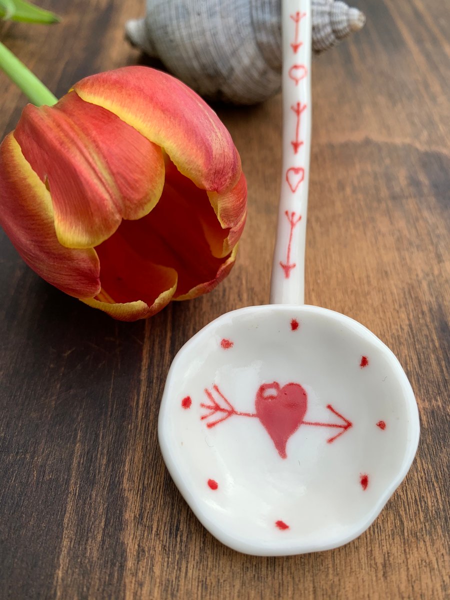 Decorative Porcelain Love Spoon with Hearts & Arrows