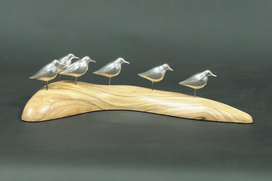 'Waiting for the tide' Pewter waders on an Olivewood 'sandbank'.