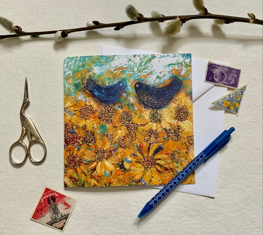 Blue Birds and Golden Sunflowers, blank greetings card 