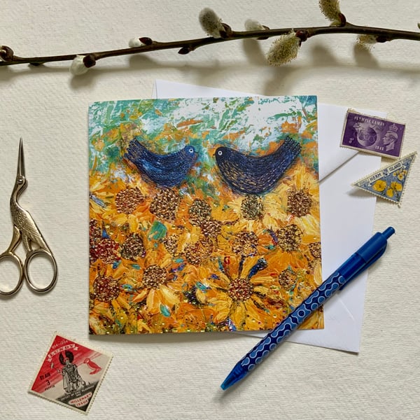 Blue Birds and Golden Sunflowers, blank greetings card 