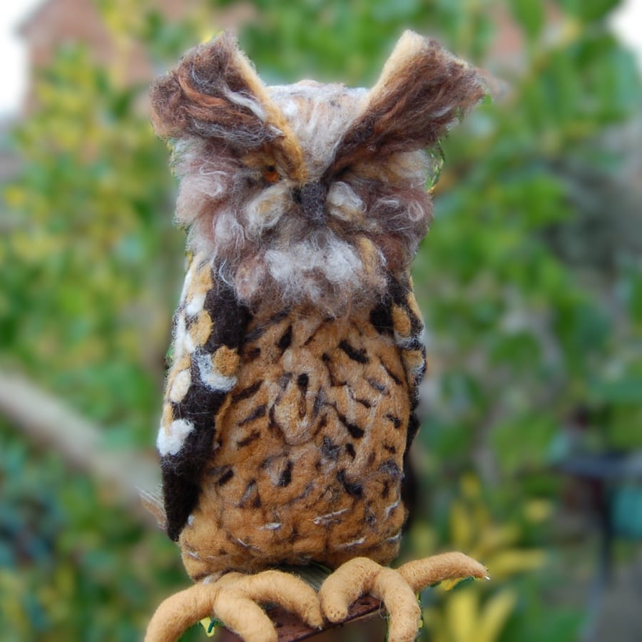 Needle felt owl, collectable animal sculpture ornament or decoration - Eagle Owl