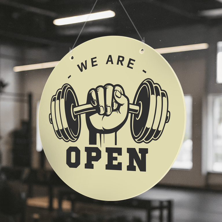 Gym Open & Closed Sign - Dumbbell Block Design: Double-Sided Hanging Door Sign