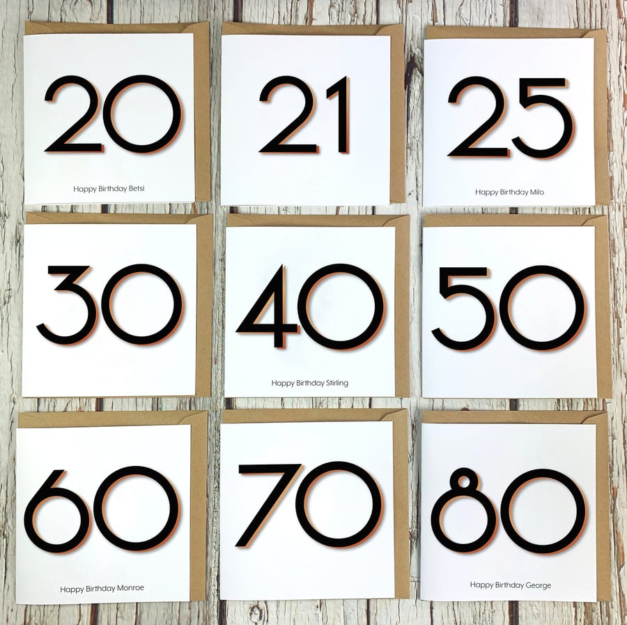 Handmade Birthday Card. Personalised Black Custom Greetings Ages 20, 21, 30-100