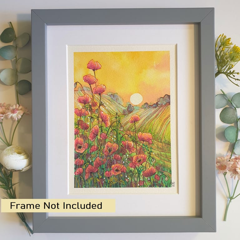 Poppy sunset with furrowed hills, original landscape painting, wall art