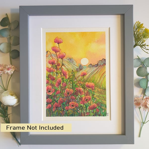Poppy sunset with furrowed hills, original landscape painting, wall art