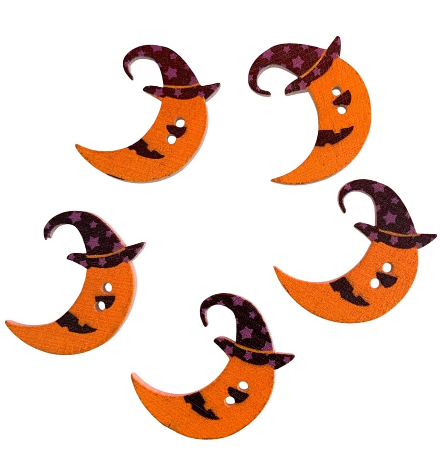 Wooden Moon Buttons Halloween Button Witch Hat Set of 5 for crafting decorations