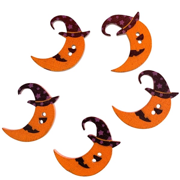 Wooden Moon Buttons Halloween Button Witch Hat Set of 5 for crafting decorations