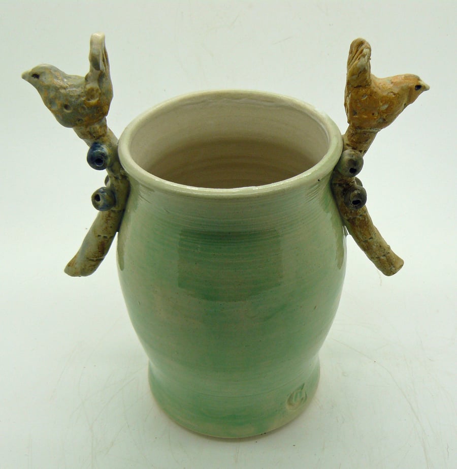 Bird, branch & berry celadon Vase