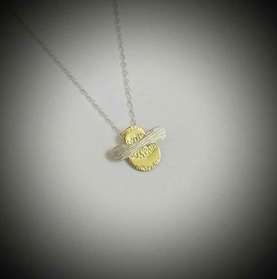 Bumble Bee (Mini Bee) Pendant, Brass Body, Silver Wings, 16" Silver Trace Chain
