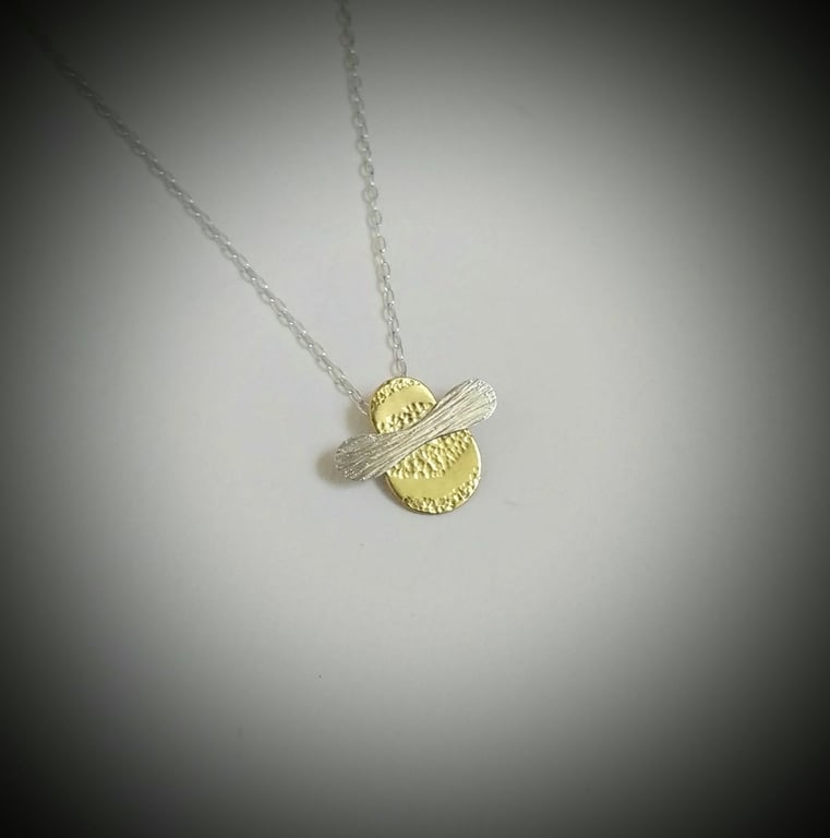 Bumble Bee (Mini Bee) Pendant, Brass Body, Silver Wings, 16" Silver Trace Chain