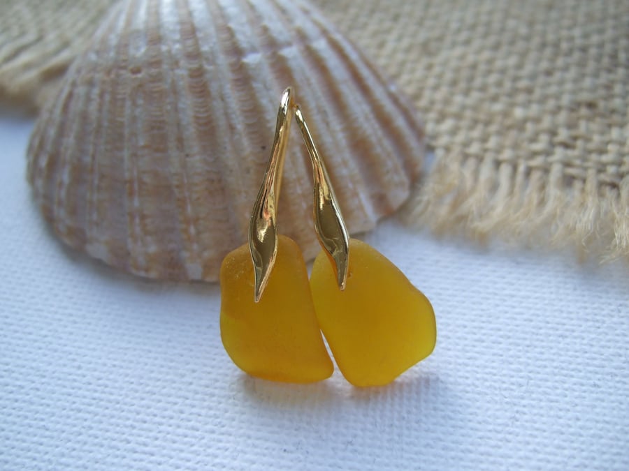 Yellow sea glass earring, beach glass earrings, Spanish sea glass sterling wave