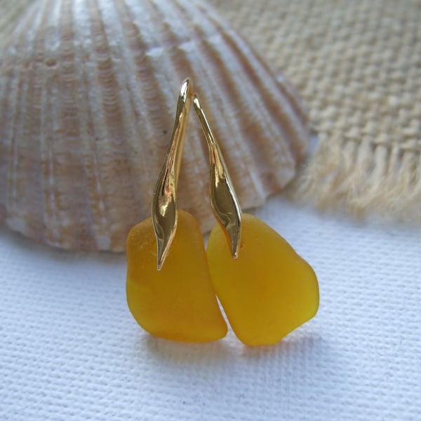 Yellow sea glass earring, beach glass earrings, Spanish sea glass sterling wave