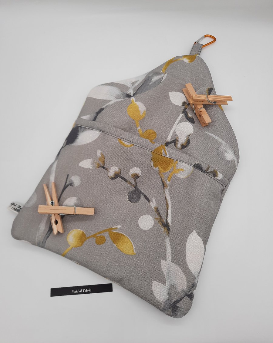 Peg bag clip on in grey, white and yellow fabric.  Free uk delivery. 