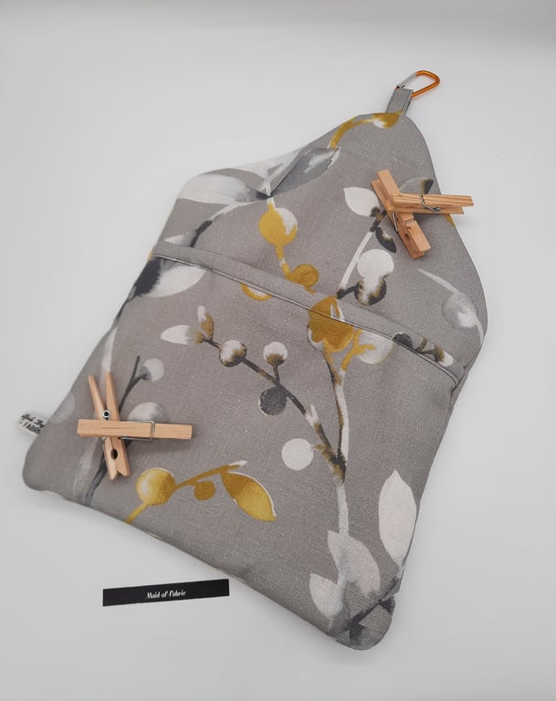 Peg bag clip on in grey, white and yellow fabric.  Free uk delivery. 