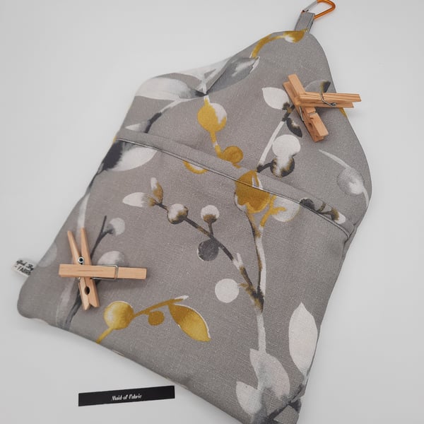 Peg bag clip on in grey, white and yellow fabric.  Free uk delivery. 