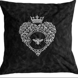 Ornate Silver Bee & Heart Embroidered Cushion Cover BLACK 