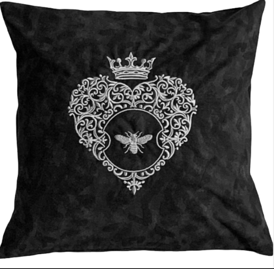 Ornate Silver Bee & Heart Embroidered Cushion Cover BLACK 