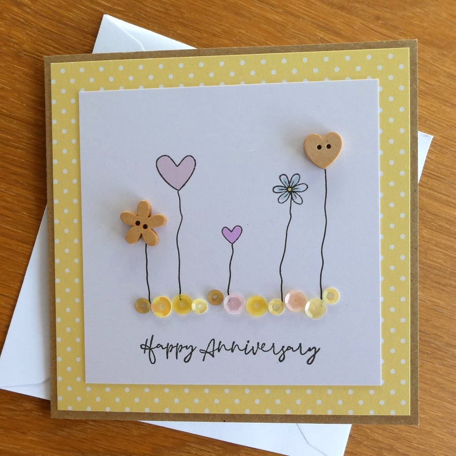 Happy Anniversary Card - Buttons, Hearts and Sequins - Kraft - Yellow