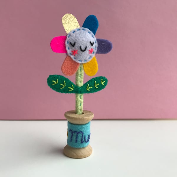 Limited Edition ‘Mum’ Embroidered Happy Flower -Pale Lilac Face with Blue Bobbin