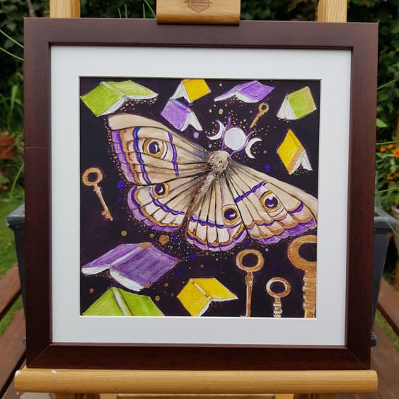 The Moon Librarian Moth- framed original artwork 