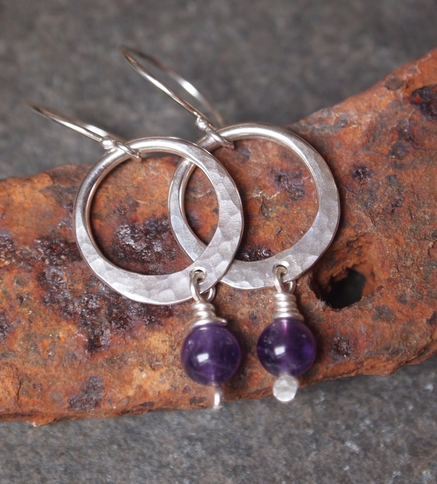 Amethyst Hoop Earrings, Hammered Sterling Silver Hoop Earrings