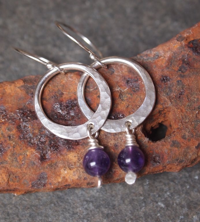 Amethyst Hoop Earrings, Hammered Sterling Silver Hoop Earrings