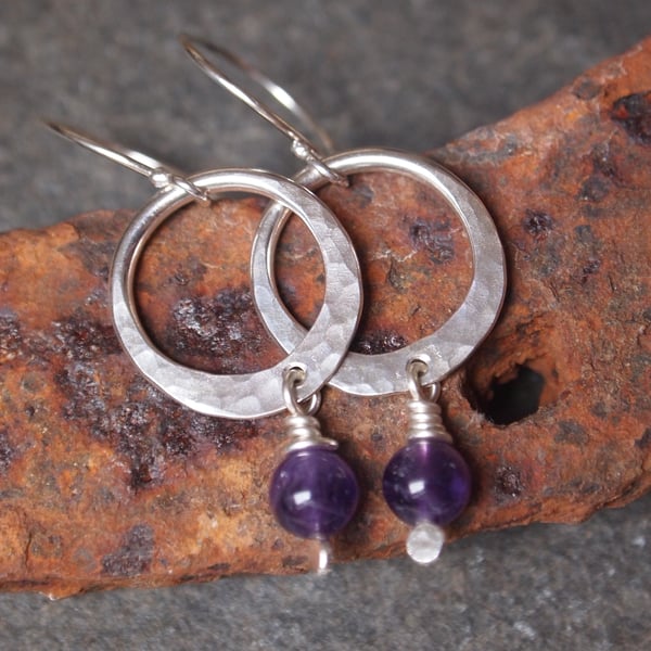 Amethyst Hoop Earrings, Hammered Sterling Silver Hoop Earrings
