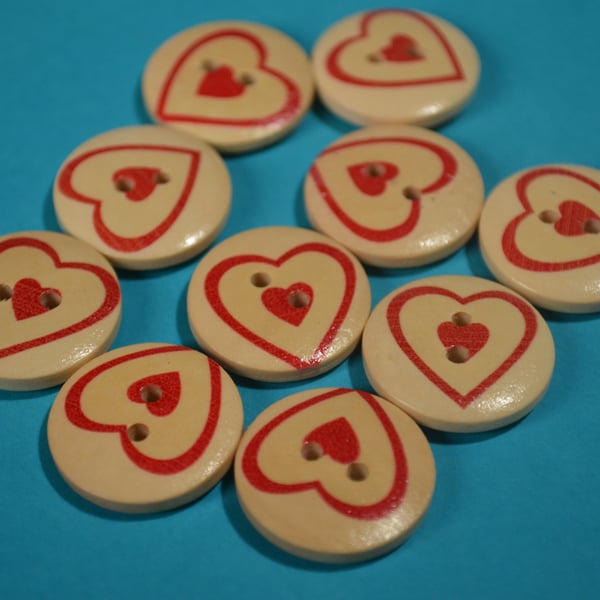 20mm Wooden Red Outline Heart Buttons Love Stripe 10pk Button (RH6)
