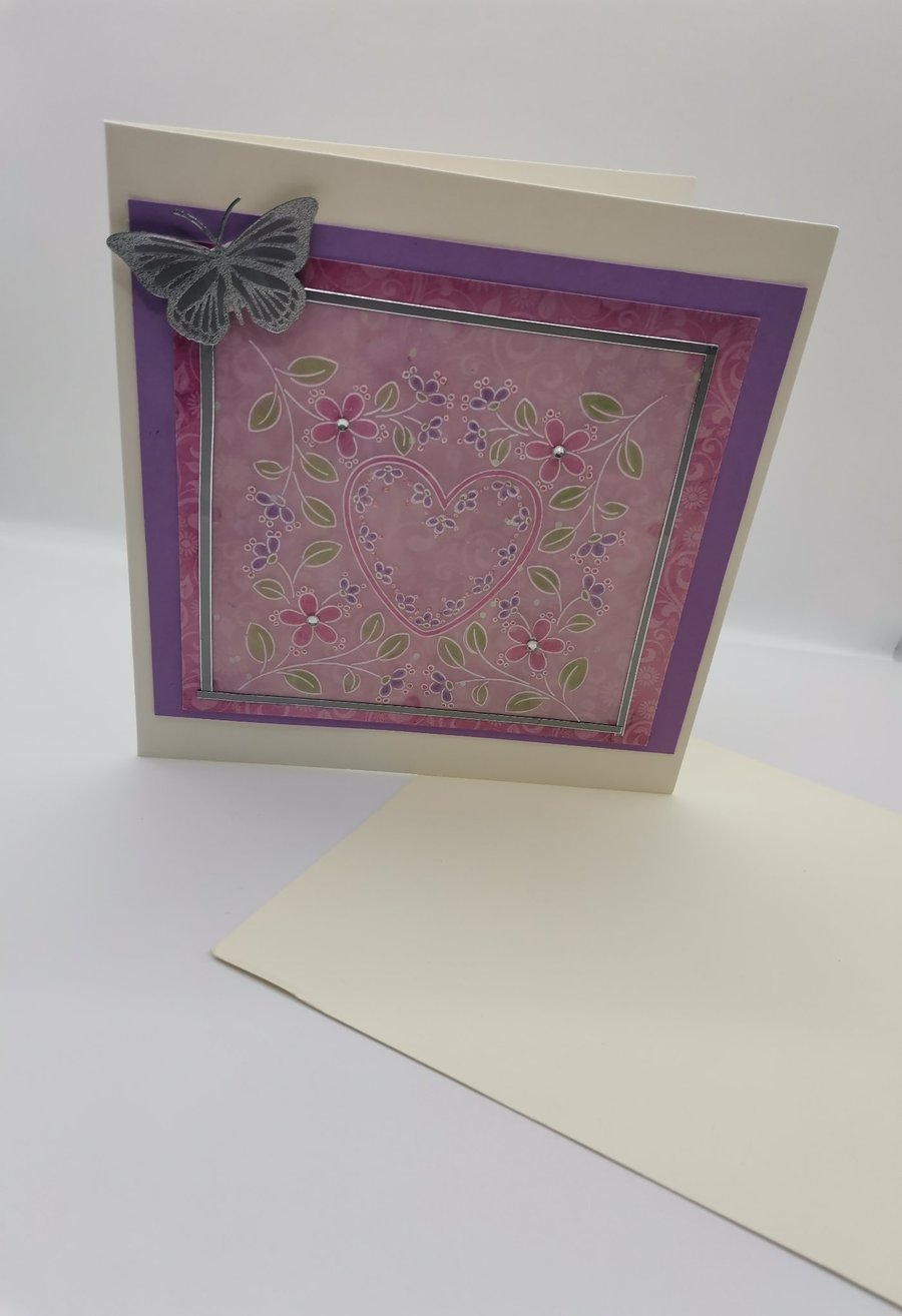 Hand Embossed Heart & Butterfly Blank Card