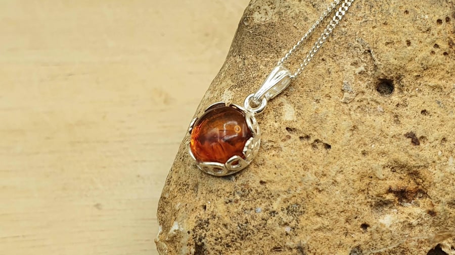 Floral Tiny amber pendant necklace. 925 sterling silver necklaces for women